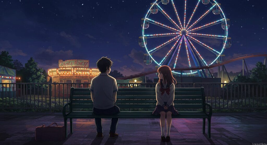 夜の遊園地のベンチに座る青年と少女。『いたいのいたいの、とんでゆけ』の読後の余韻を表現したイラスト