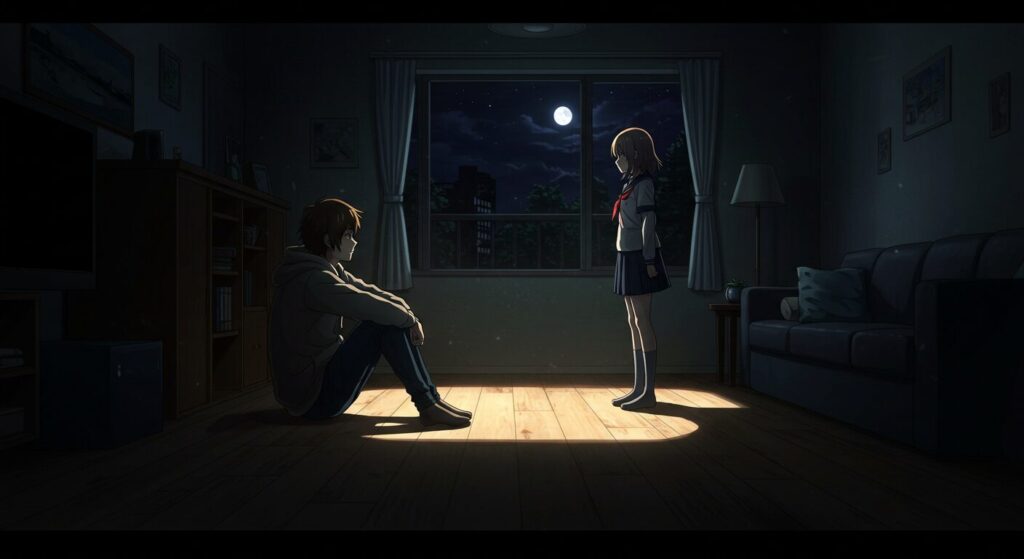 月明かりが差し込む部屋で、距離を置いて対峙する青年と少女。『いたいのいたいの、とんでゆけ』の奇妙な共同生活の始まりを象徴するイラスト