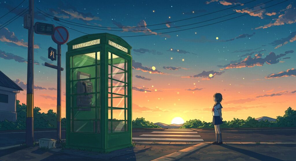 『君が電話をかけていた場所』の物語の始まりを象徴する画像。夏の夕暮れ、光る公衆電話とそれを見つめる少女のシルエットが描かれた切ないイラスト