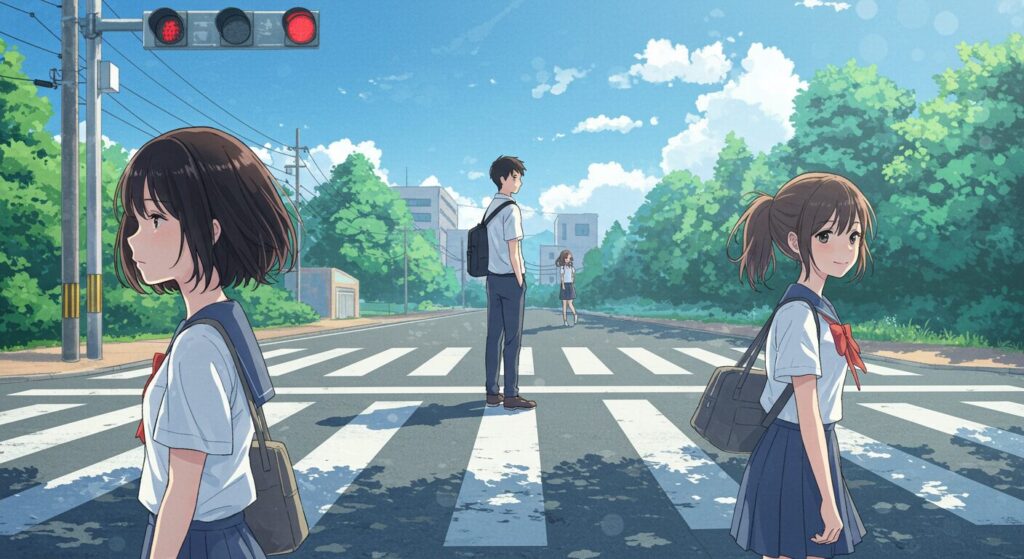 『君が電話をかけていた場所』の登場人物3人を描いたイラスト。交差点でそれぞれ違う方向を向いて佇む男子生徒と二人の少女が、切ない三角関係を象徴している