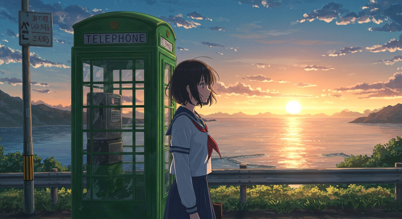 『君が電話をかけていた場所』のアイキャッチ。夕暮れの坂道で、セーラー服の少女が物憂げに公衆電話を見つめている、切なくノスタルジックなイラスト