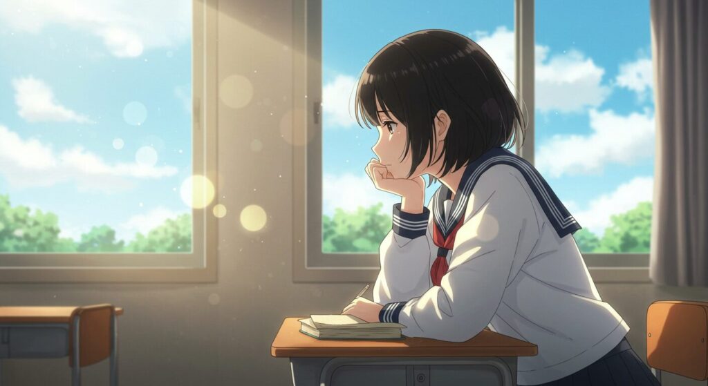 『君が電話をかけていた場所』のヒロイン、初鹿野唯をイメージした画像。教室で物憂げな表情を浮かべるセーラー服の少女の切ないイラスト