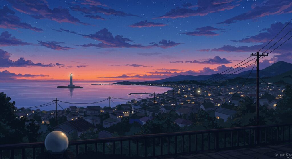 『君が電話をかけていた場所』のテーマ性を象徴する画像。夏の夕暮れ、海辺の町の坂の上から眺めた、切なくも美しい風景のイラスト