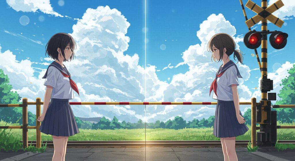 『君が電話をかけていた場所』の三角関係を象徴する画像。夏の踏切を挟んで、二人のセーラー服の少女が背を向けて佇む、切ない雰囲気のイラスト