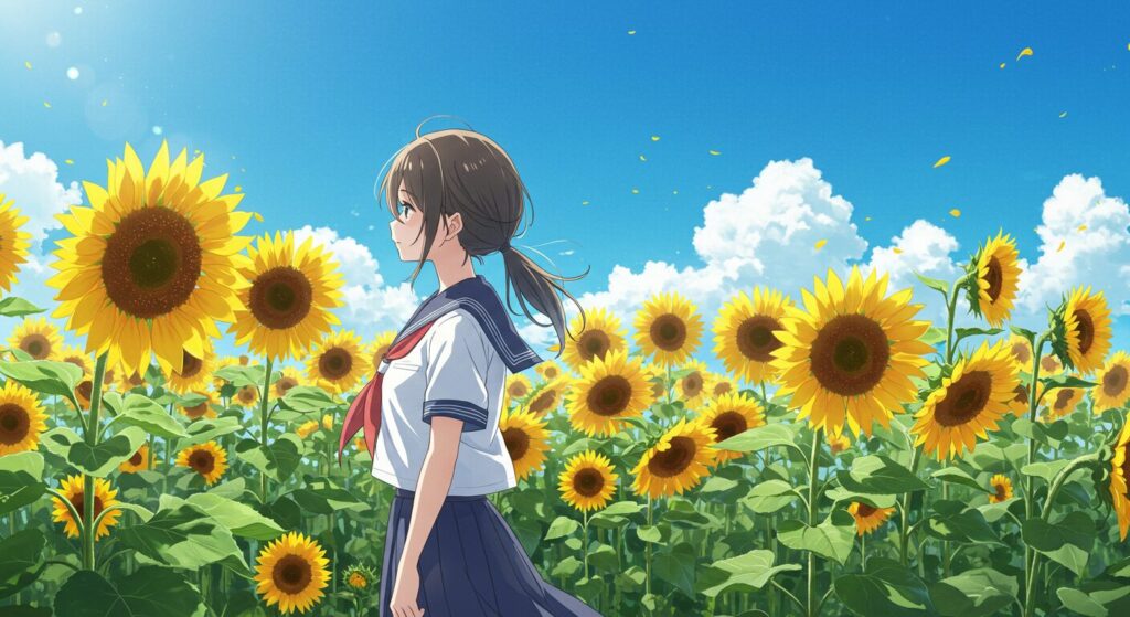 『君が電話をかけていた場所』のヒロイン、荻上千草をイメージした画像。夏のひまわり畑で、セーラー服の少女が切なげな表情で佇むイラスト