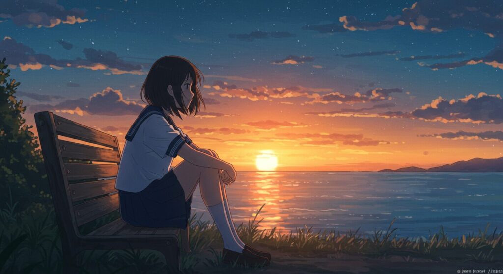 『君が電話をかけていた場所』の繊細な心理描写を象徴する画像。夕暮れの丘で、セーラー服の少女が物思いにふける、切なく美しいイラスト