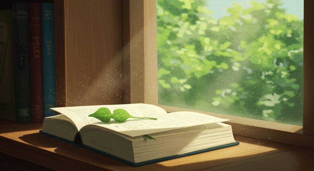 『君が電話をかけていた場所』の名言や美しい文章を象徴する画像。夏の光が差す図書館で、机の上に開かれた本が置かれている、静かで知的な雰囲気のイラスト
