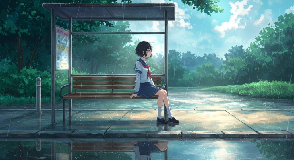 『君が電話をかけていた場所』の「切なさ」を象徴する画像。雨のバス停で、セーラー服の少女が一人で膝を抱えている、エモーショナルなイラスト