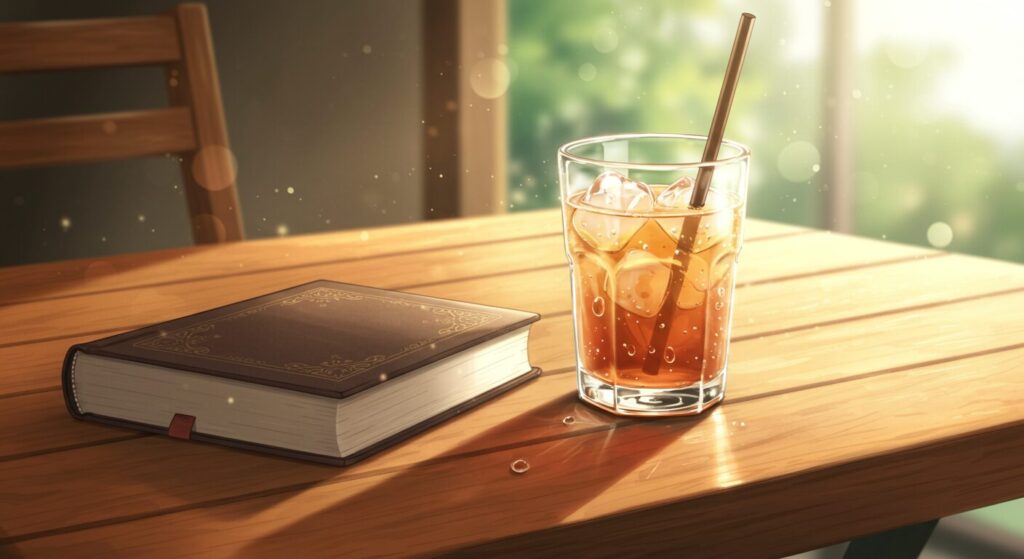 『君が電話をかけていた場所』を読み終えた後の余韻を象徴する画像。夏の光が差すテーブルの上に置かれた本とグラスが描かれた、静かで美しいイラスト