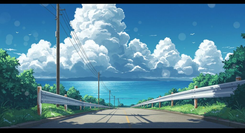 『君が電話をかけていた場所』の夏の空気感を象徴する画像。入道雲が浮かぶ青空の下、海へと続く坂道が描かれた、ノスタルジックで美しい風景イラスト