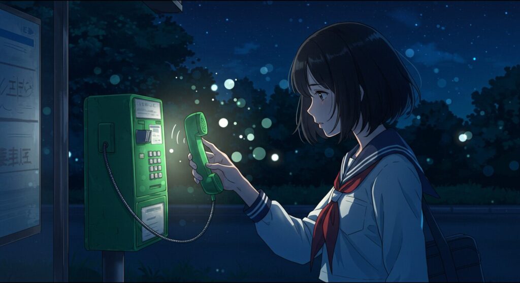 『君が電話をかけていた場所』のあらすじを示す画像。夏の夜、光る公衆電話の受話器をセーラー服の少女が取ろうとする、物語の始まりを象徴する切ないイラスト