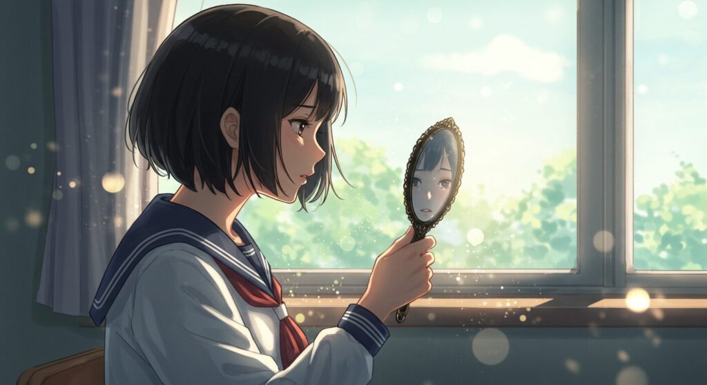 『君が電話をかけていた場所』のテーマを象徴する画像。夏の光が差す教室で、セーラー服の少女が手鏡を覗き込み、複雑な表情を浮かべている切ないイラスト