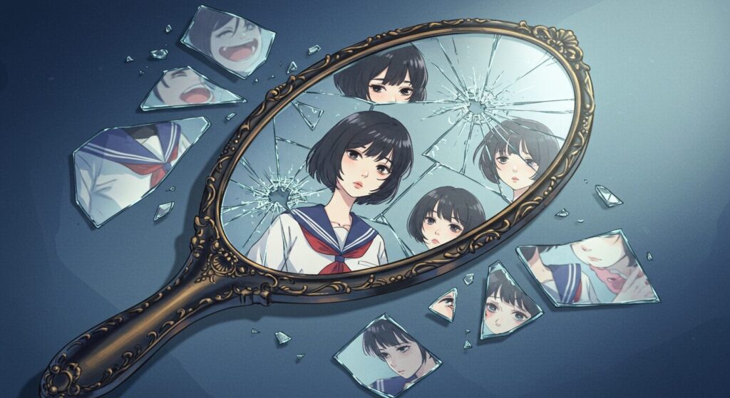『君が電話をかけていた場所』のルッキズムというテーマを象徴する画像。割れた鏡の破片に、少女の様々な表情が映り込んでいる切ないイラスト