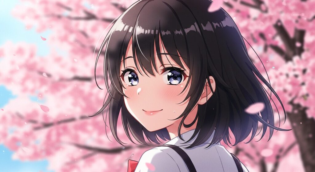 『記憶喪-失の君と、君だけを忘れてしまった僕。』のヒロイン華怜の魅力的なイラスト。桜の中で振り向き微笑んでいる