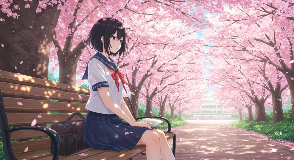 『記憶喪失の君と、君だけを忘れてしまった僕。』の登場人物の関係性を象徴するイラスト。桜並木の下のベンチで、隣に置かれた本に優しい視線を落とす制服姿のヒロイン華怜