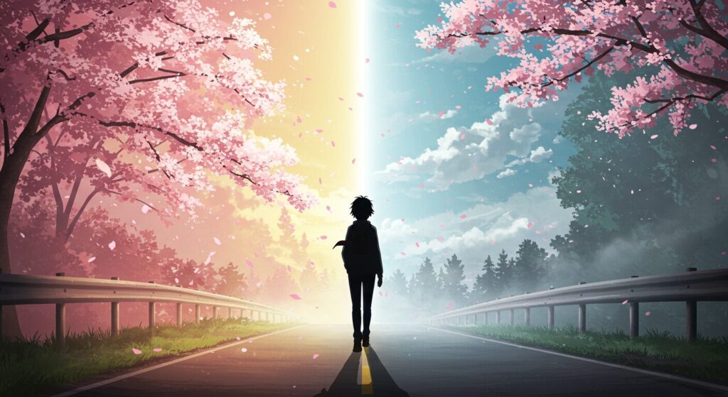 『記憶喪失の君と、君だけを忘れてしまった僕。』を読むかどうかの選択を象徴するイラスト。分岐点に立つ人物のシルエット