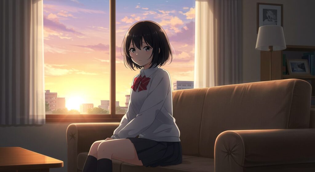 『記憶喪失の君と、君だけを忘れてしまった僕。』のワンシーン。アパートの部屋のソファで、戸惑った表情を見せる制服姿のヒロイン華怜