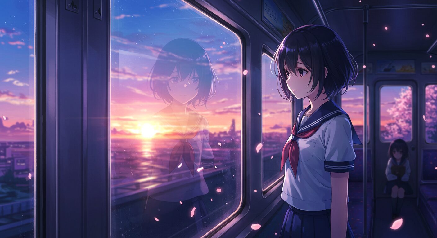 『記憶喪失の君と、君だけを忘れてしまった僕。』のアイキャッチ画像。夕暮れの電車内で、制服姿のヒロイン華怜が窓の外を物憂げに見つめている、切なく幻想的なイラスト