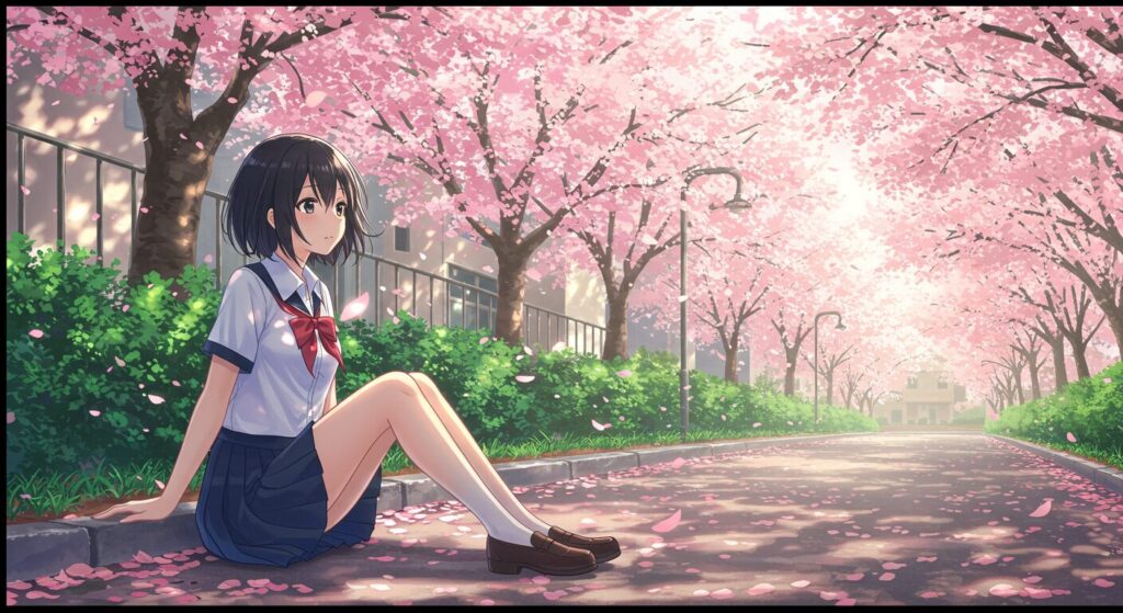 『記憶喪失の君と、君だけを忘れてしまった僕。』の導入部を象徴するイラスト。アパートの前で不安げに座り込む制服姿のヒロイン華怜