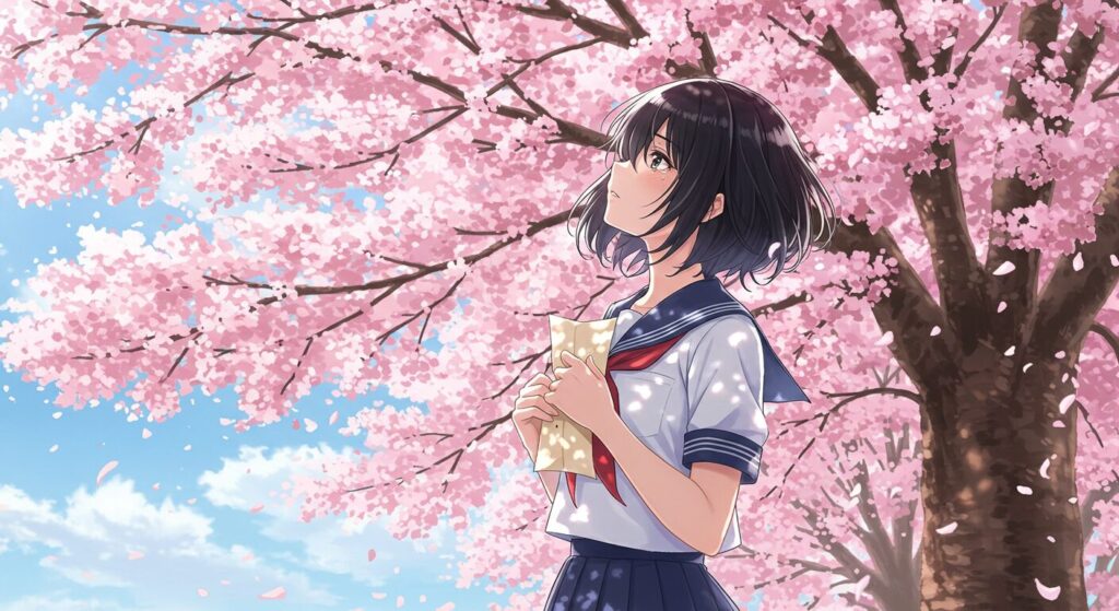 『記憶喪失の君と、君だけを忘れてしまった僕。』の感動を象徴するイラスト。桜の木の下で、手紙を胸に潤んだ瞳で空を見上げる制服姿のヒロイン華怜