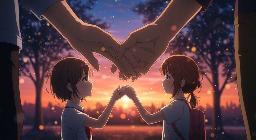 『記憶喪失の君と、君だけを忘れてしまった僕。』の家族愛を象徴するイラスト。父親の大きな手と幼い少女の手が重ねられている