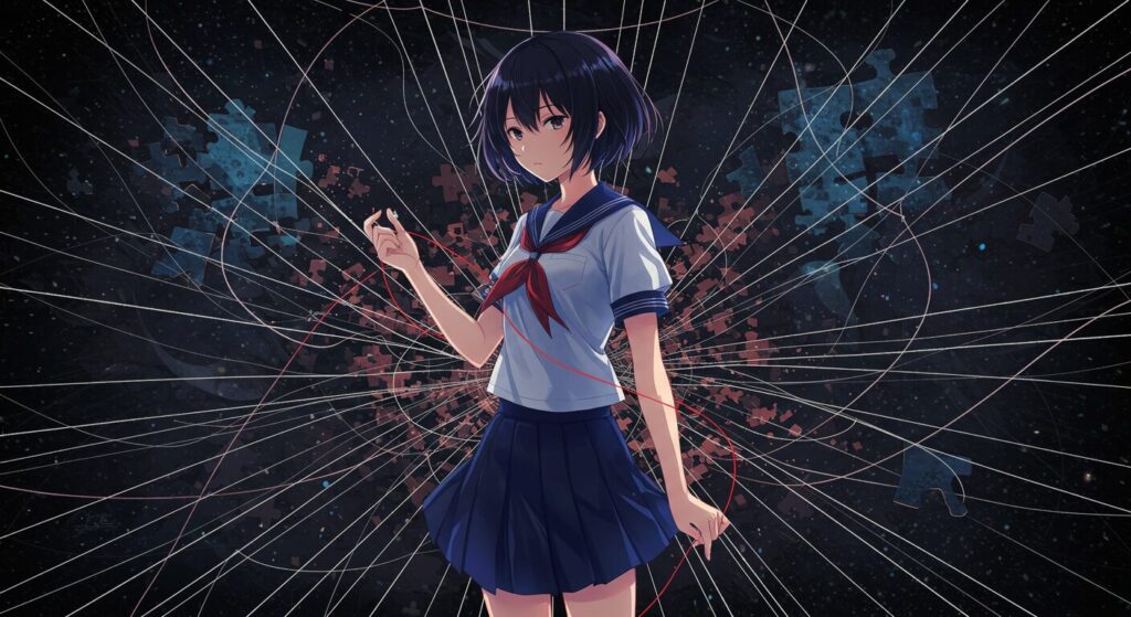 『記憶喪失の君と、君だけを忘れてしまった僕。』の伏線と構造を象徴するイラスト。無数の光る糸が絡み合う空間で、一本の糸の先を見つめる制服姿のヒロイン華怜