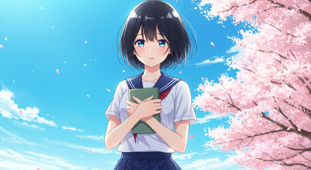『記憶喪失の君と、君だけを忘れてしまった僕。』の読後感を象徴するイラスト。青空の下、本を胸に抱き穏やかな表情でこちらを見つめるヒロイン華怜