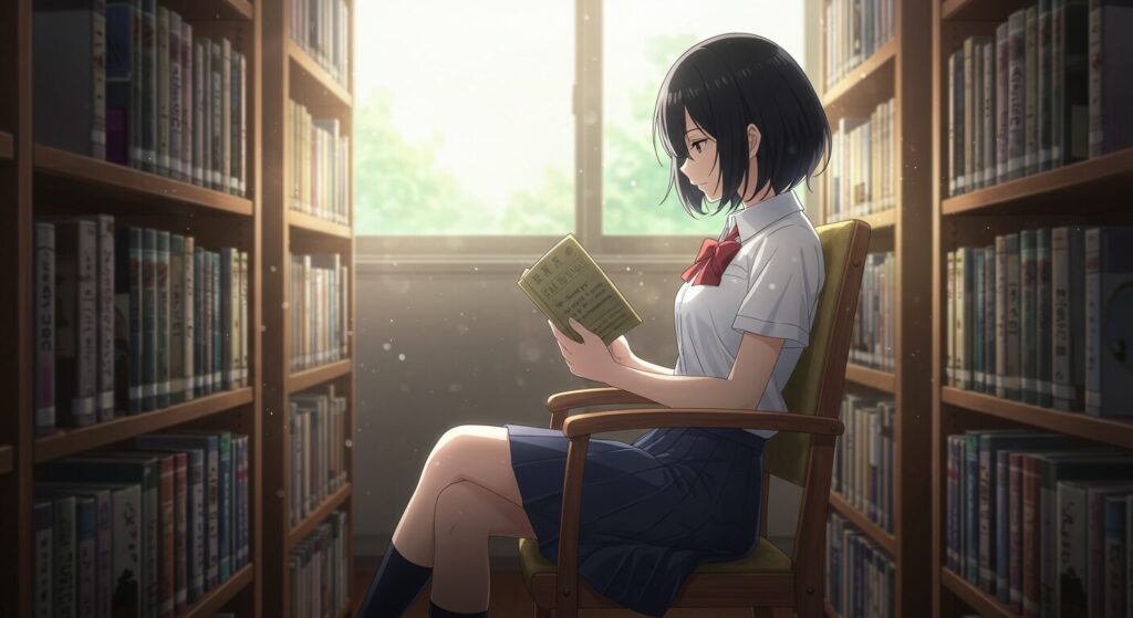 『記憶喪失の君と、君だけを忘れてしまった僕。』の読書体験を象徴するイラスト。放課後の図書室で、静かに本を読む制服姿のヒロイン華怜
