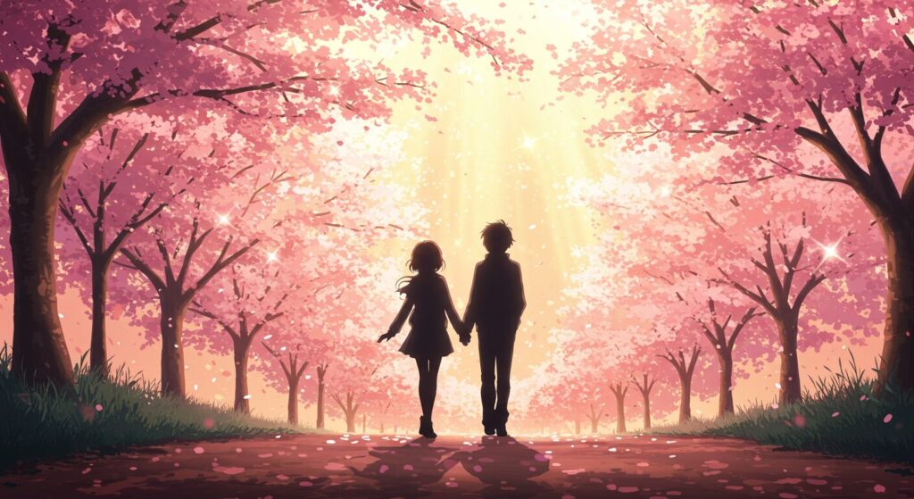 『記憶喪失の君と、君だけを忘れてしまった僕。』の感動を象徴するイラスト。光溢れる桜並木の下を歩く二人のシルエット