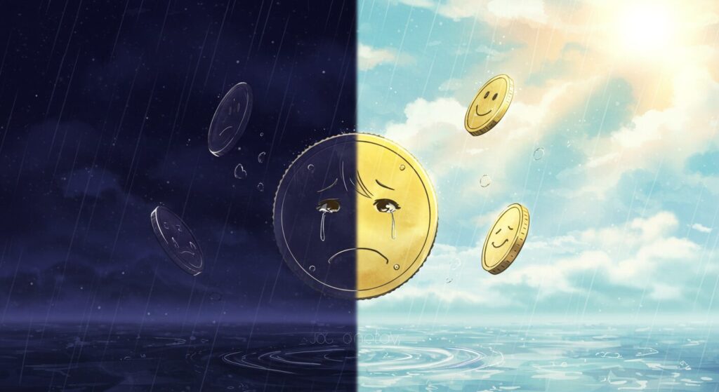 『記憶喪失の君と、君だけを忘れてしまった僕。』の賛否両論を象徴するイラスト。裏表で泣き顔と笑顔が描かれたコインが宙を舞っている