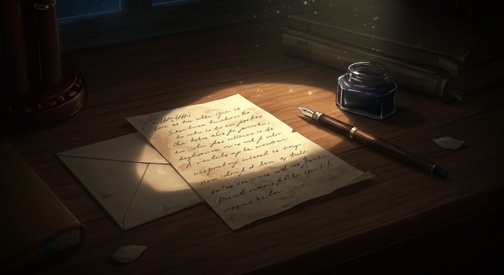 『記憶喪失の君と、君だけを忘れてしまった僕。』の手紙を象徴するイラスト。月明かりに照らされた机の上の便箋と万年筆