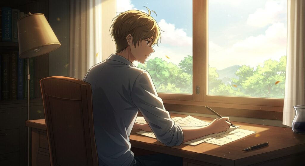 『記憶喪失の君と、君だけを忘れてしまった僕。』の主人公の成長を象徴するイラスト。朝日が差し込む部屋で、原稿用紙に向かう男性の後ろ姿