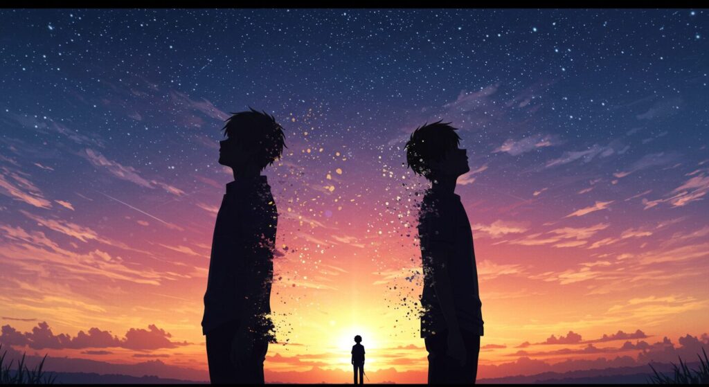 『記憶喪失の君と、君だけを忘れてしまった僕。』のタイトルを象徴するイラスト。背中合わせの二人のシルエットのうち一人が消えかけている