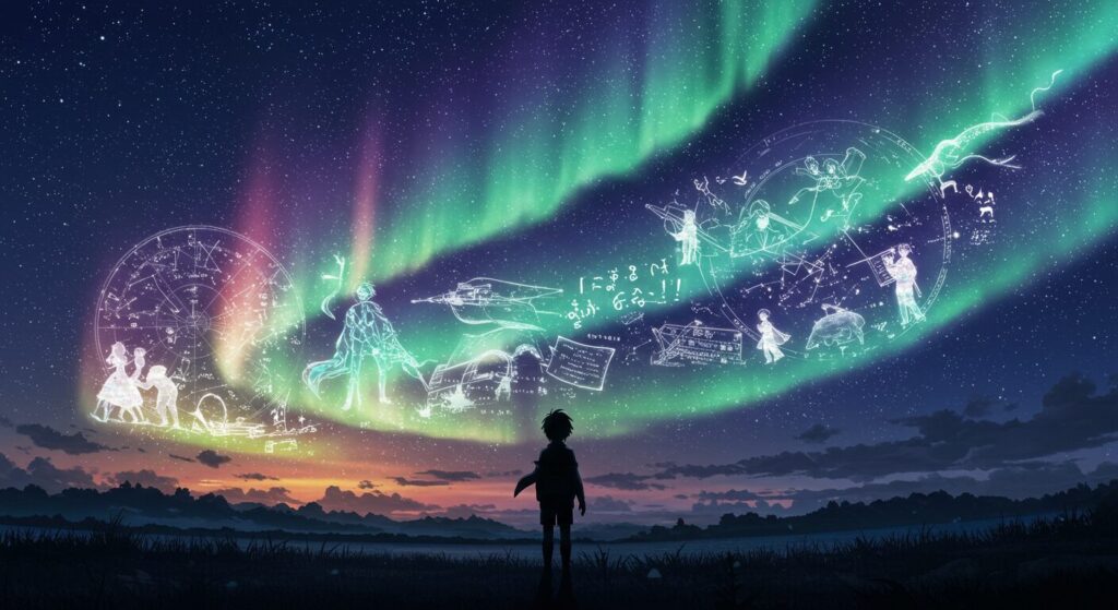 煌夜祭, 夜空に広がるオーロラと星々を見上げる人物のシルエット、物語の名場面や名言が心に響く感動的なイメージ