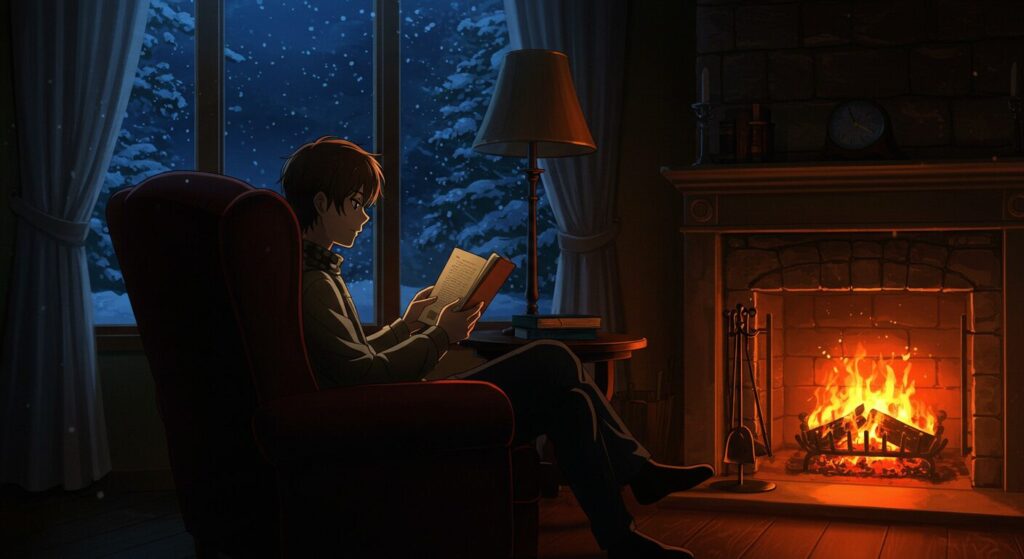 煌夜祭, 暖炉の前で本を読む人物のシルエット、物語のキャラクターに感情移入する読書のイメージ