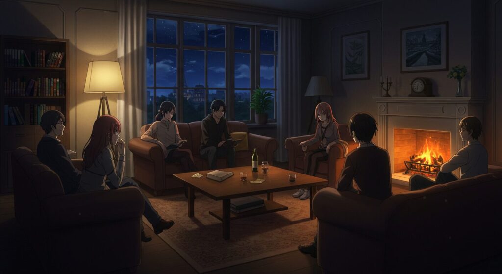 煌夜祭, 暖炉のある部屋で物語について語り合う人々のシルエット、読者の感動と共感を象徴するイメージ