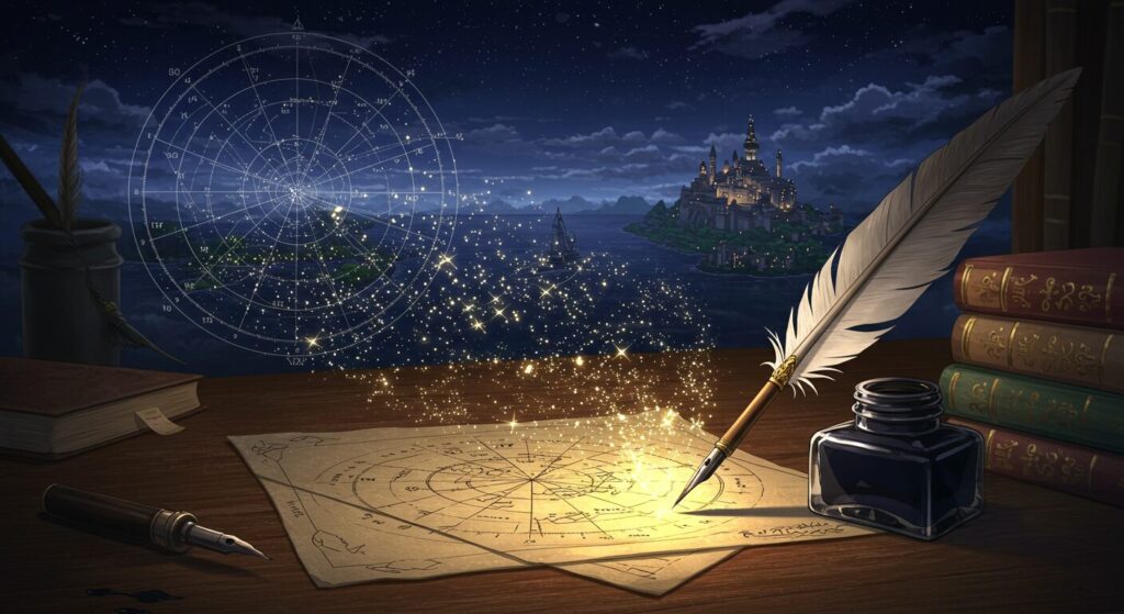 煌夜祭, 羽根ペンとインク壺から広がる星図と幻想風景、作者・多崎礼の創造性と作品世界を象徴するイメージ