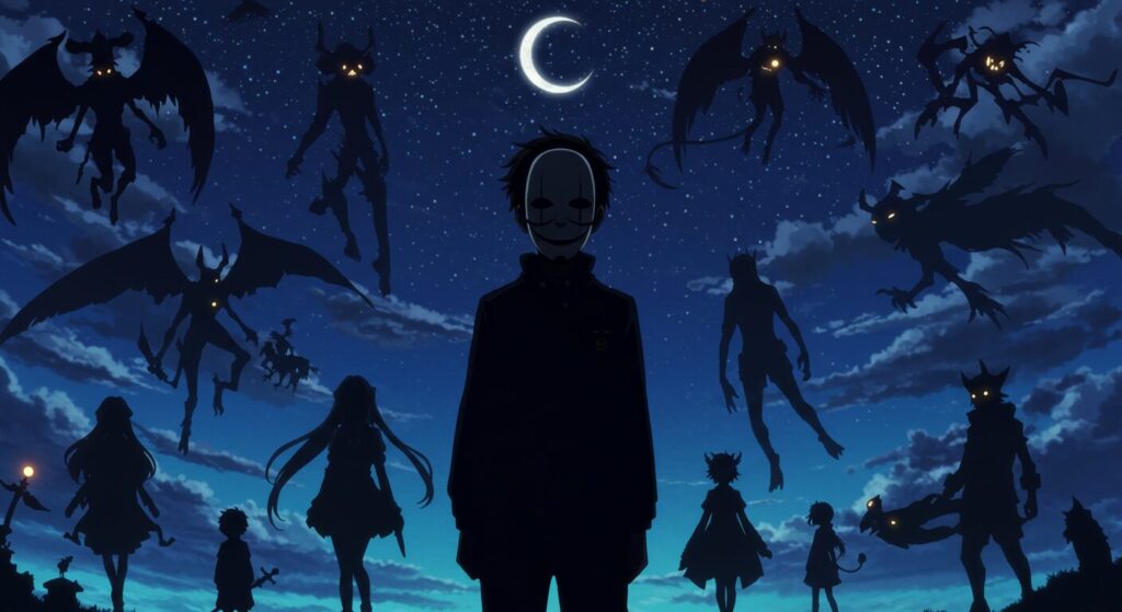 煌夜祭, 夜空を背景に浮かぶ仮面の語り部と多様な魔物たちのシルエット、物語を彩る登場人物たちのイメージ