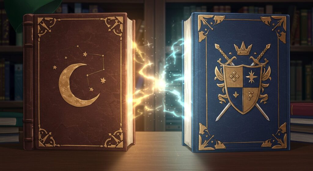 煌夜祭, 二つの異なる紋章が描かれた古書が並び光を放つ、レーエンデ国物語との関連性を象徴するイメージ