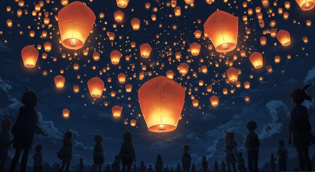 煌夜祭, 夜空に浮かぶ無数のランタンと見上げる多様な人々のシルエット、記憶の継承と共存のテーマを象徴するイメージ