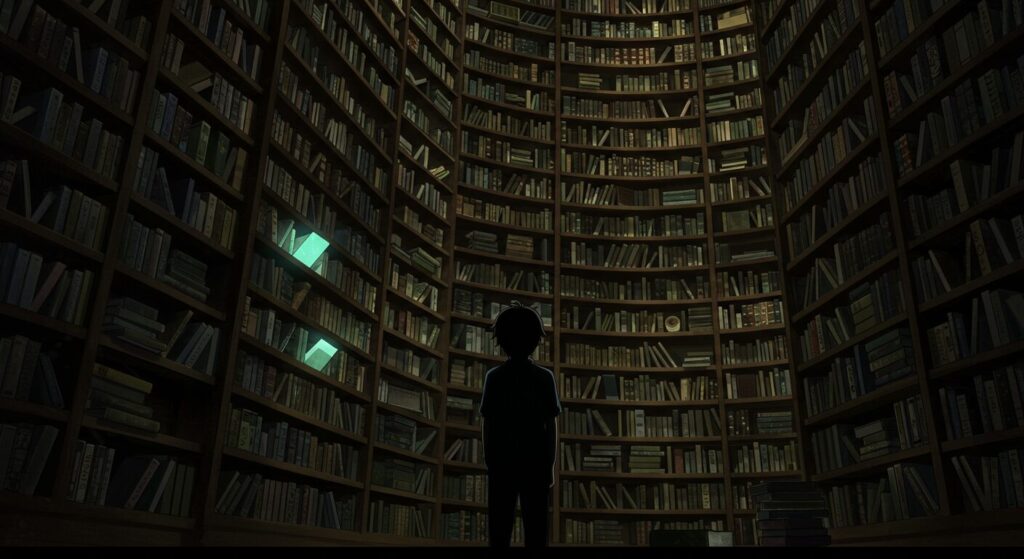 煌夜祭, 巨大な図書館で複雑な書棚を見上げる人物のシルエット、物語の複雑さと探求心を象徴するイメージ