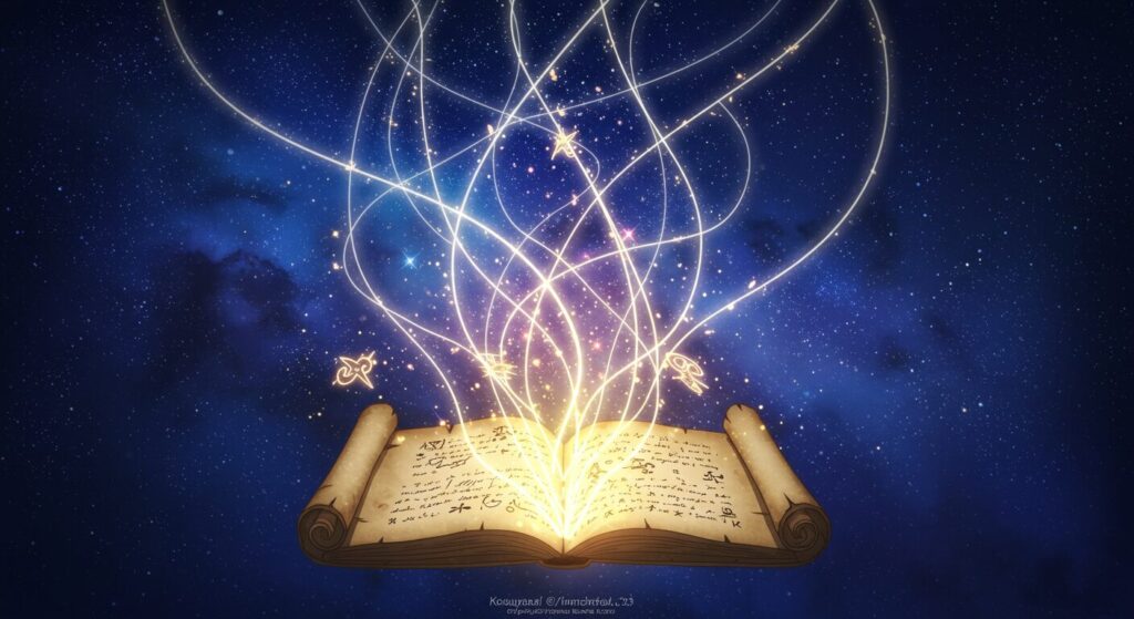 煌夜祭, 古い巻物から放たれる光の糸が星空へ繋がる、物語の力と継承を象徴するファンタジーイメージ