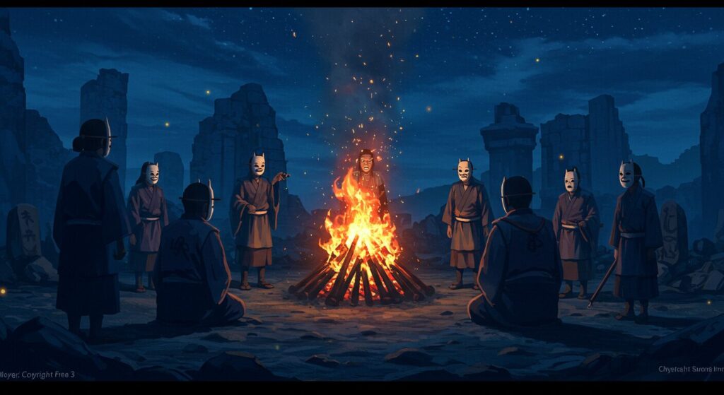 煌夜祭, 夜の遺跡で焚き火を囲み物語を語る白い仮面を被った語り部たちのシルエット、神秘的で厳かな雰囲気