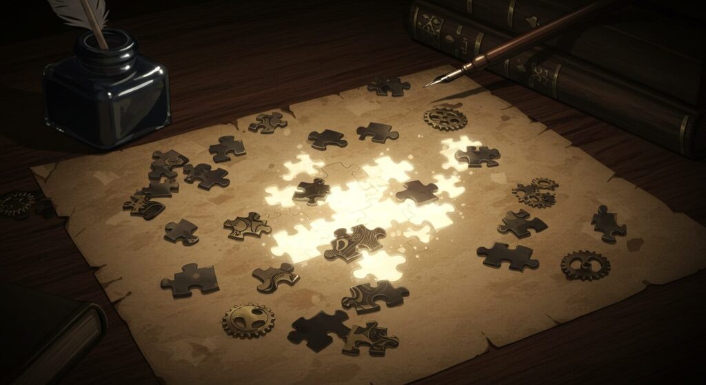煌夜祭, 散らばるパズルのピースが組み合わさり光を放つ、連作短編と物語の繋がりを象徴するイメージ