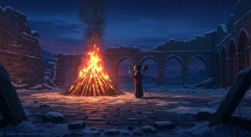 煌夜祭, 冬至の雪夜に廃墟の中庭で燃える焚き火と仮面をつけた語り部のシルエット、神秘的なファンタジー風景