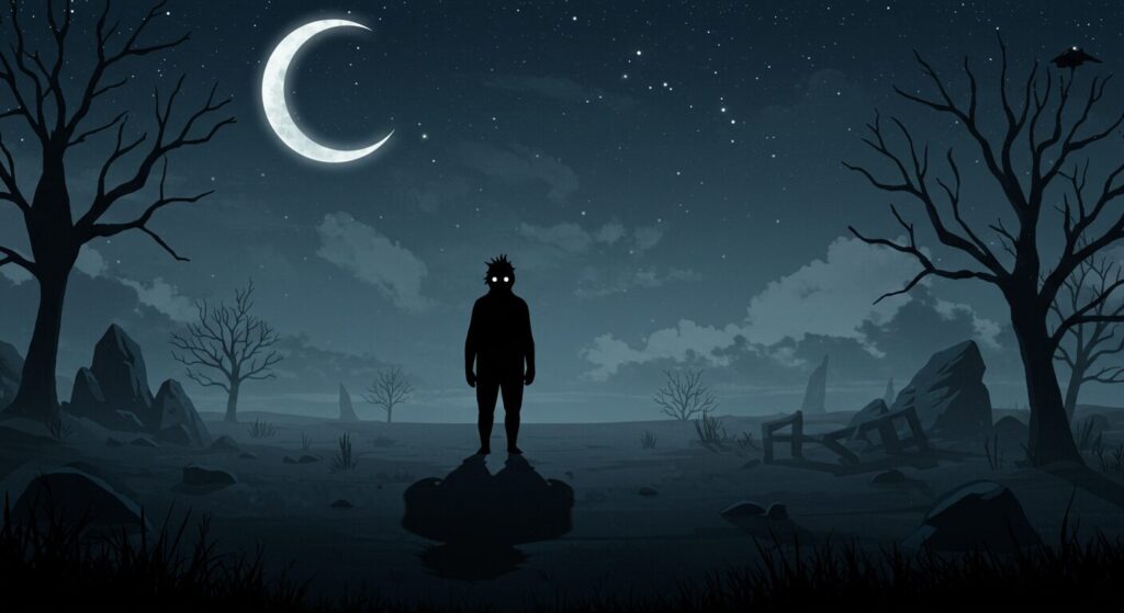 煌夜祭, 月夜の荒野に佇む魔物の孤独なシルエット、哀しい存在理由を暗示するファンタジーイメージ