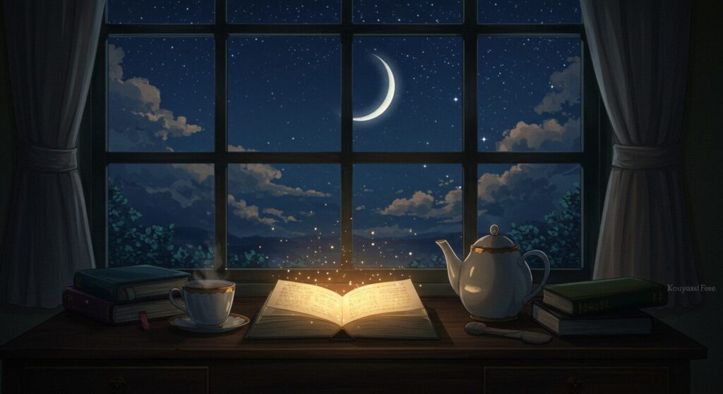 煌夜祭, 月夜の窓辺に置かれた光る本とティーカップ、読後の静かな感動と余韻を象徴するイメージ