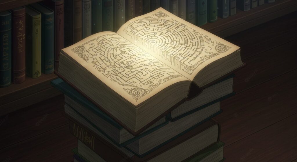煌夜祭, 積み重なる同じ本と迷路のような模様、再読による物語の深まりを象徴するイメージ