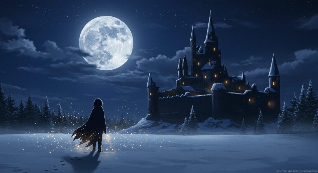 煌夜祭, 雪の夜に古城を見つめる魔物を暗示するシルエット、美しくも悲しい物語のファンタジーイメージ