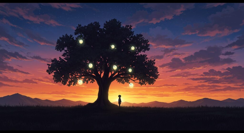 煌夜祭, 夕焼け空の下に佇む古木と光る玉、物語の読後の深い余韻と受け継がれる想いを象徴するイメージ
